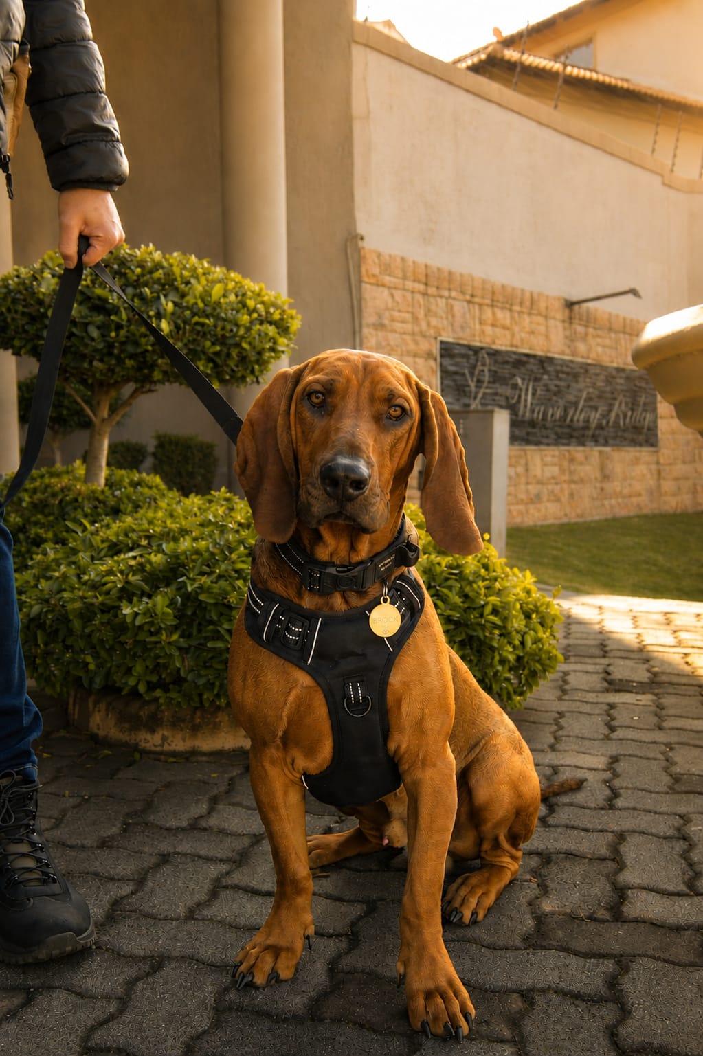 TEN8 K9 handler with a Rhodesian Ridgeback security dog on patrol