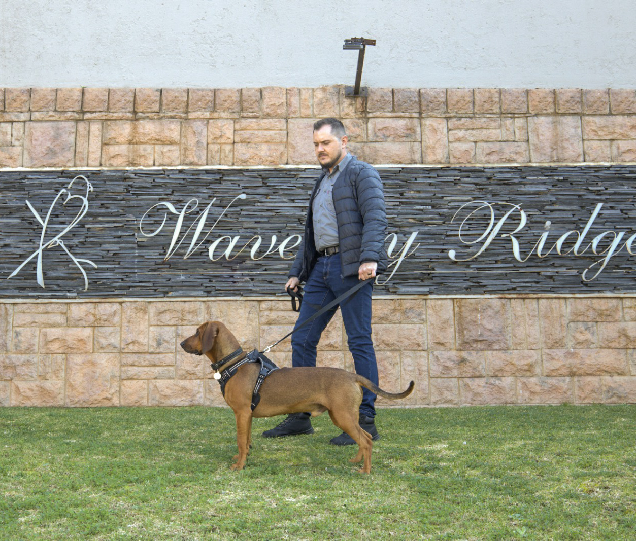 TEN8 K9 handler on foot patrol with tracking dog at estate entrance